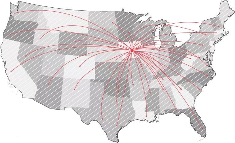 Map of the US with lines radiating from a central point in the Midwest to various states, indicating a hub-and-spoke model.