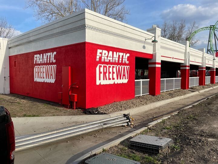 A red and white building facade with 