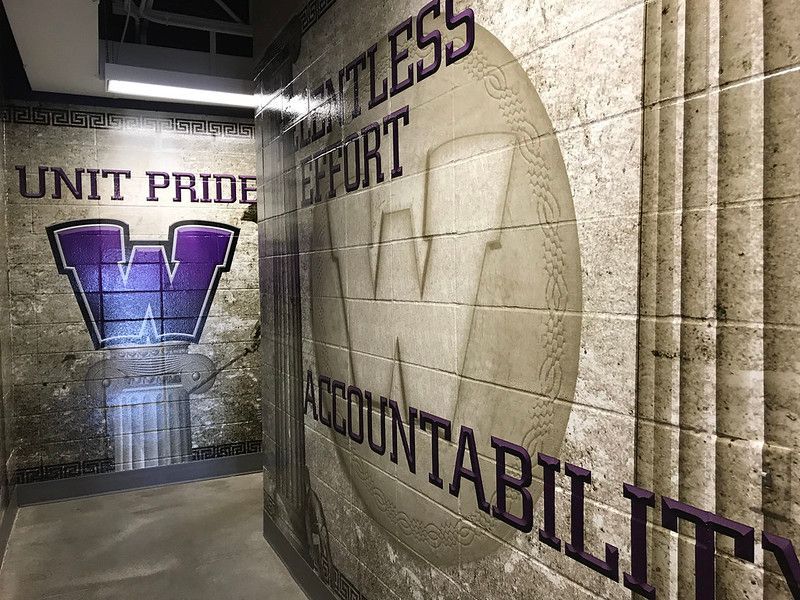 Interior hallway wall murals featuring a large purple 