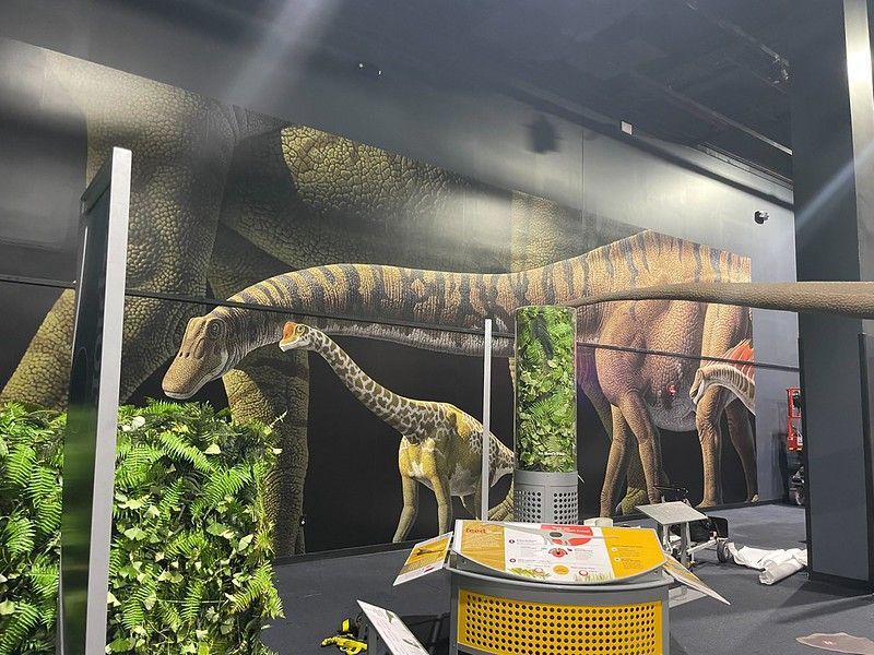 A museum exhibit features a mural of two sauropod dinosaurs behind a podium and artificial greenery.