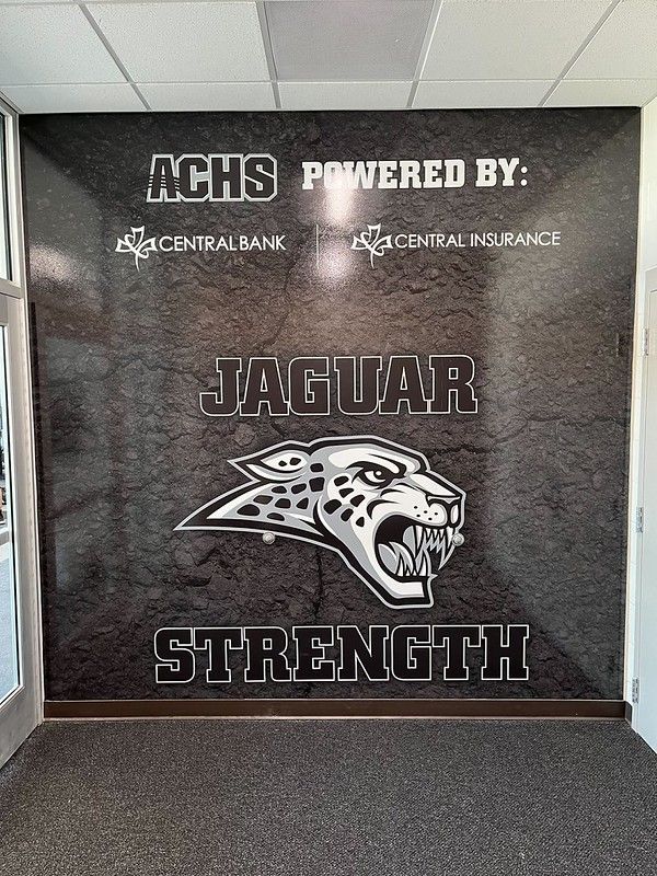 Wall mural featuring the ACHS Jaguar Strength logo, sponsored by Central Bank and Central Insurance, on a dark background.