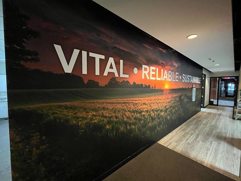 A large wall mural in an office hallway featuring a sunset over a field with the text: VITAL • RELIABLE • SUSTAINABLE.