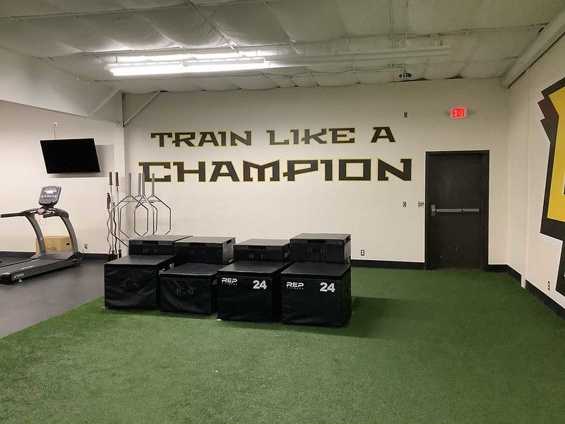 A gym interior features black plyometric boxes on turf flooring with the words 