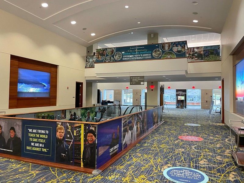 A spacious, well-lit hotel or convention center atrium with patterned carpeting, informative wall murals, and a staircase.