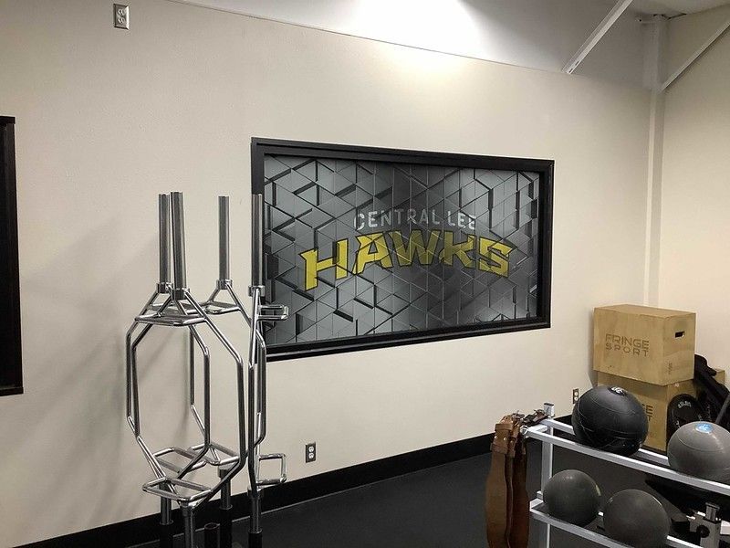 A weight room with a Central Lee Hawks wall decal, hex bars on a rack, and medicine balls on a storage shelf.