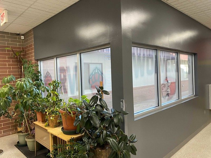 A grey-walled interior corner featuring a small wooden table holding several potted green plants against window panes.