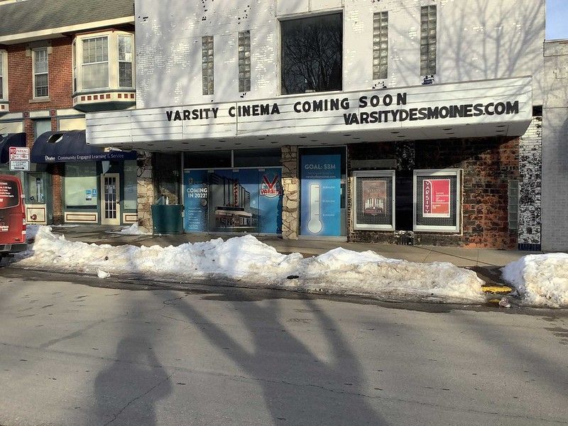 The historic Varsity Cinema building in Des Moines, featuring a 