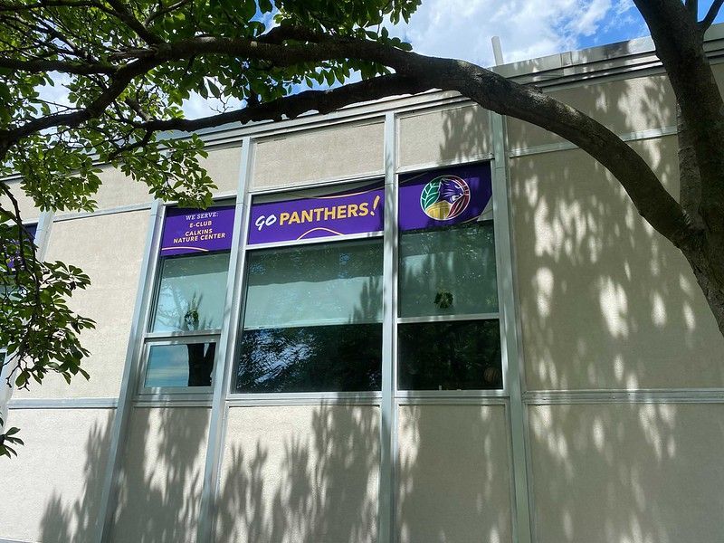 School windows displaying purple banners with the text 