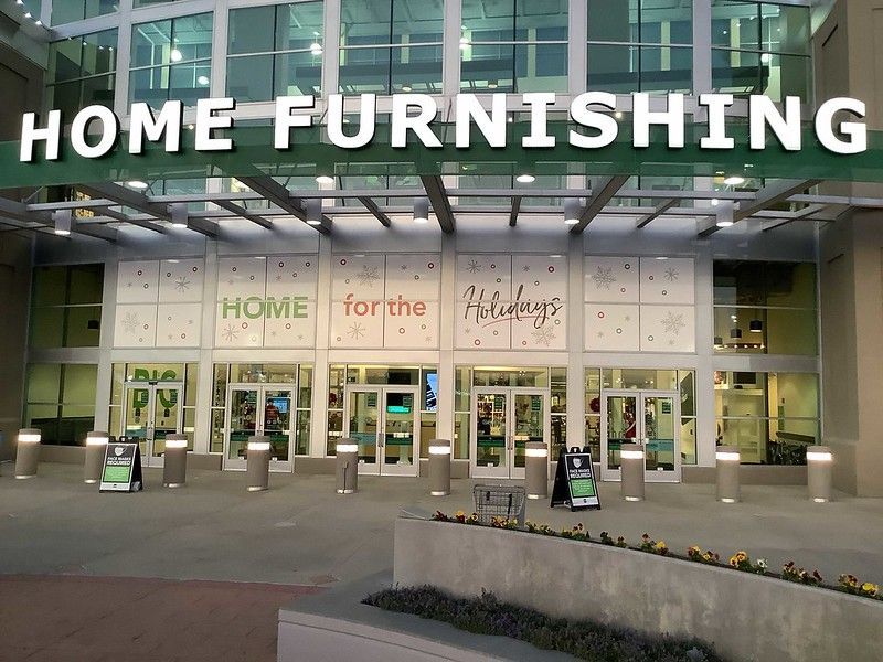 A brightly lit storefront entrance with a 