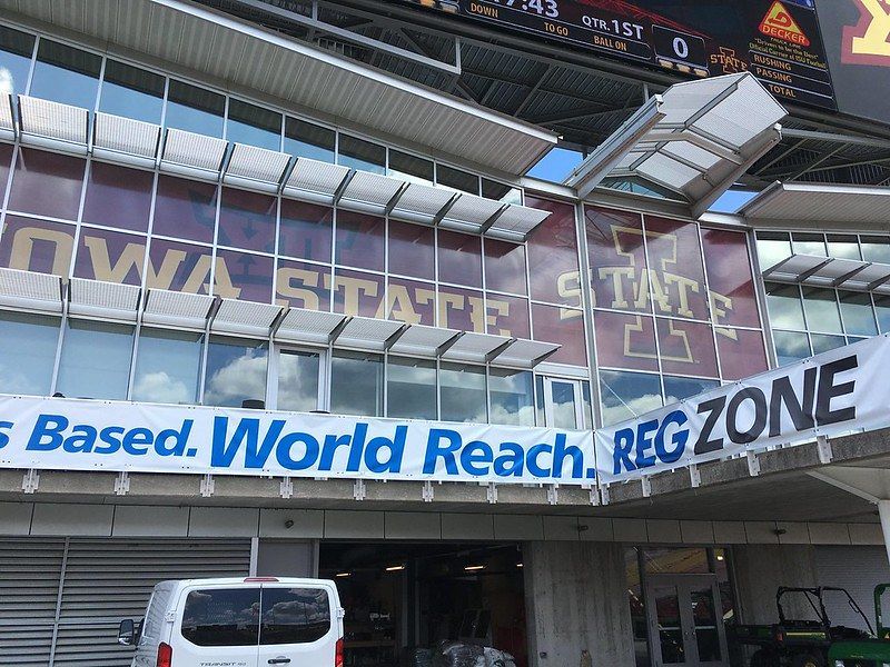 The Iowa State University stadium exterior with a banner reading 