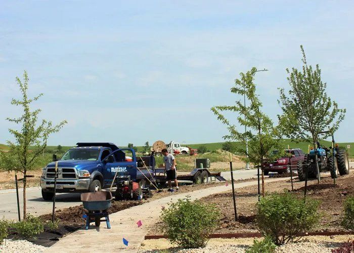 A blue dodge truck is parked on the side of the road