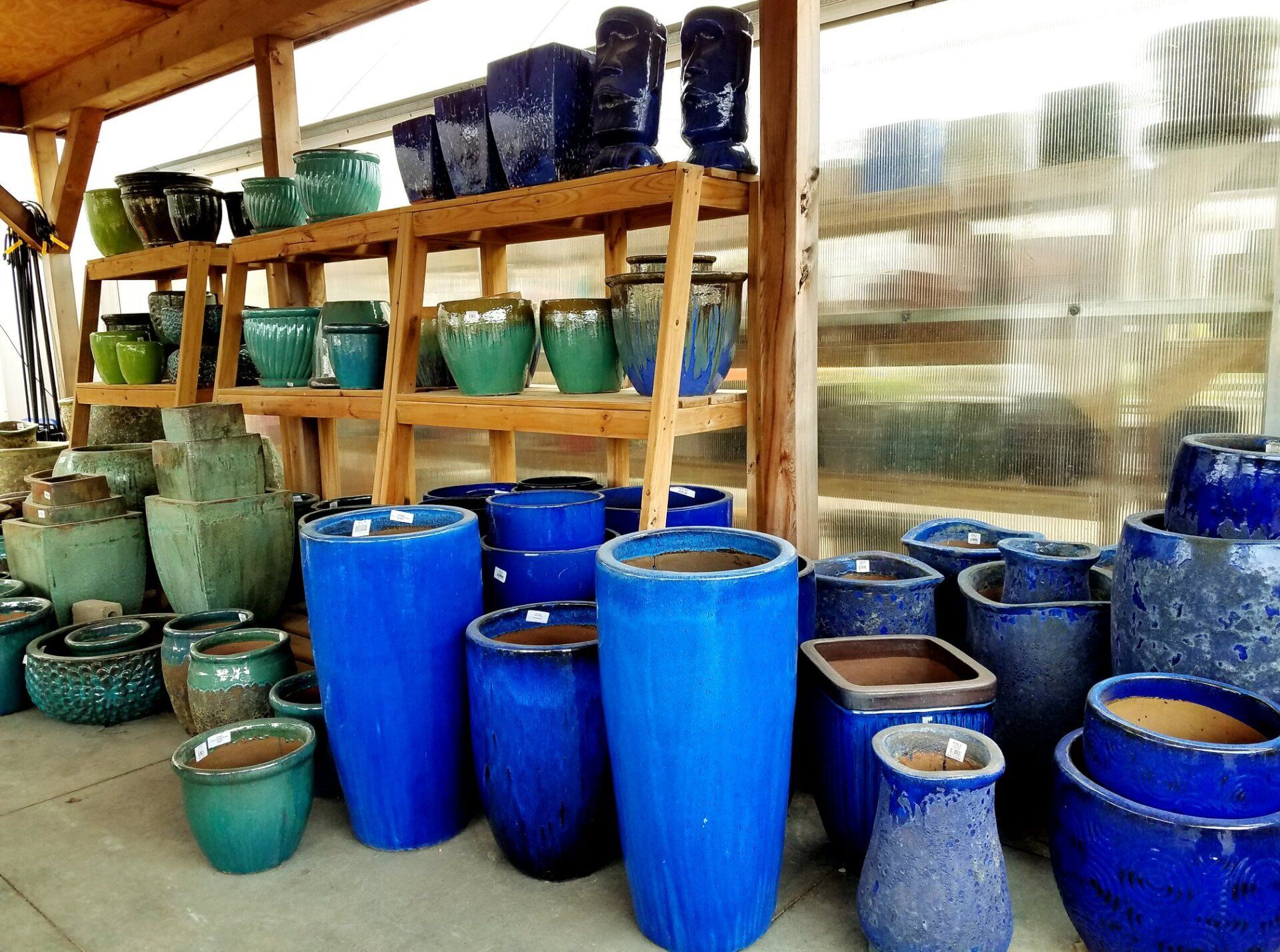 A bunch of blue pots are lined up on a shelf
