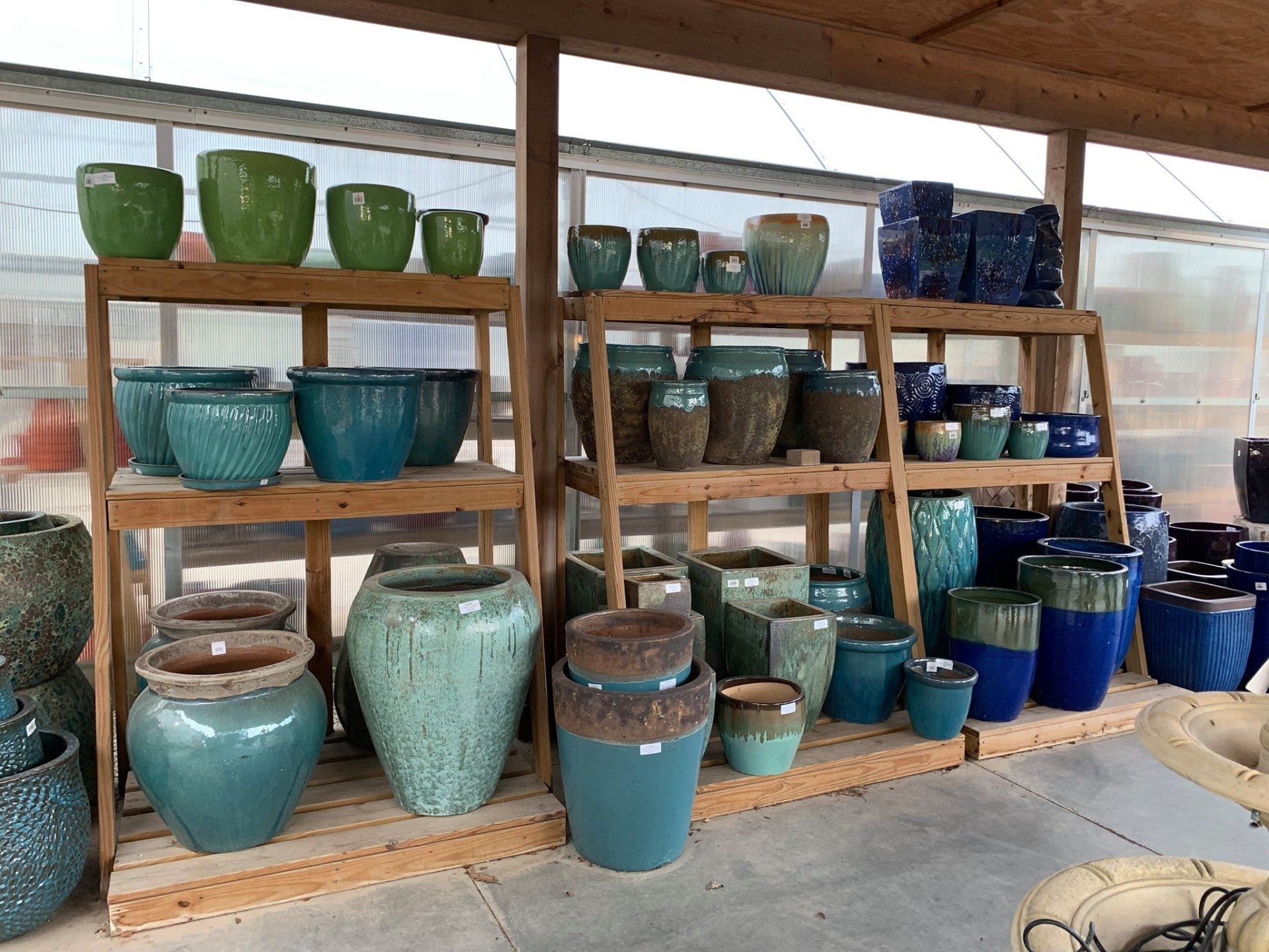 There are many different types of pots on the shelves.