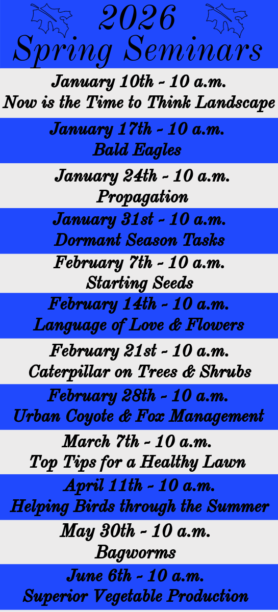 2026 Spring Seminars schedule with topics like landscaping, bald eagles, and gardening, displayed in blue and white stripes.