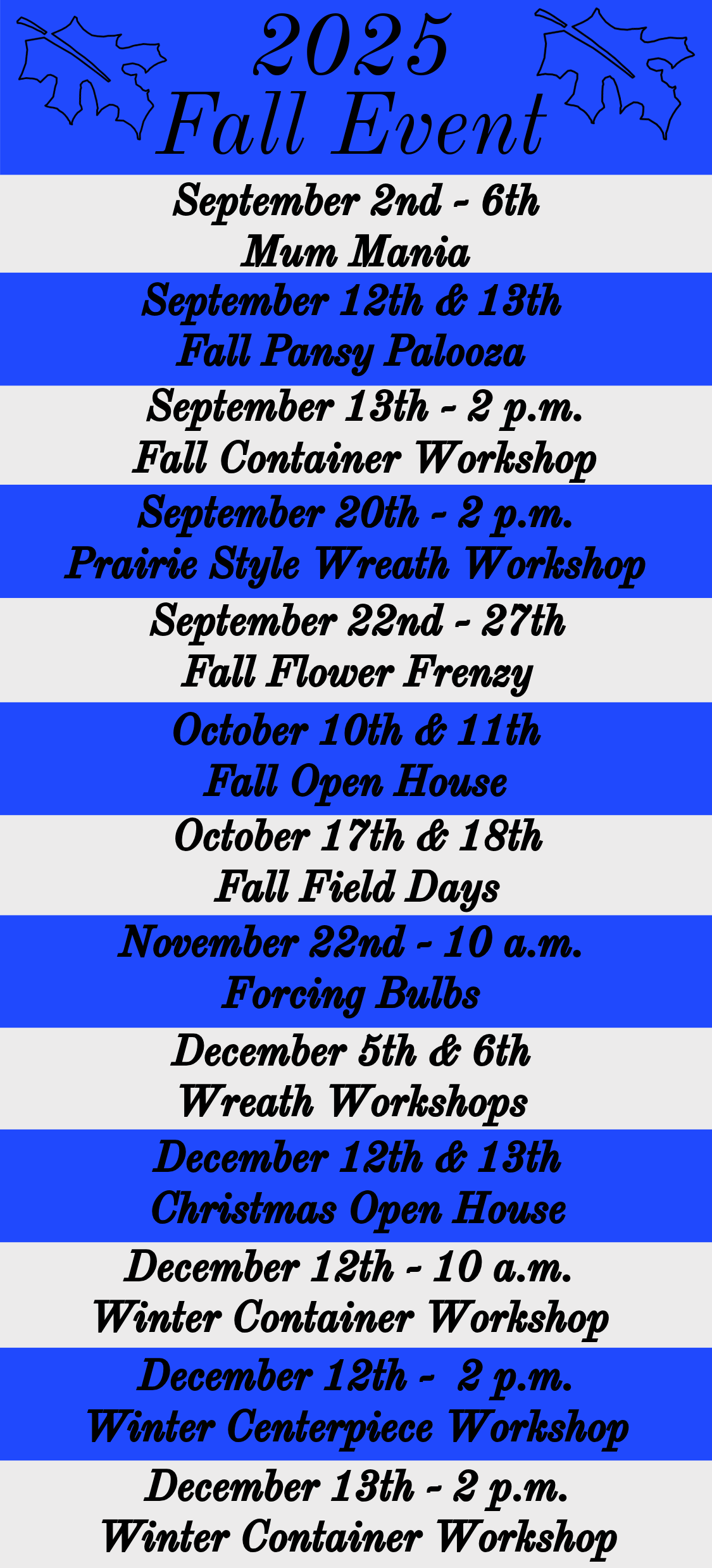 A list of fall events for the year 2025