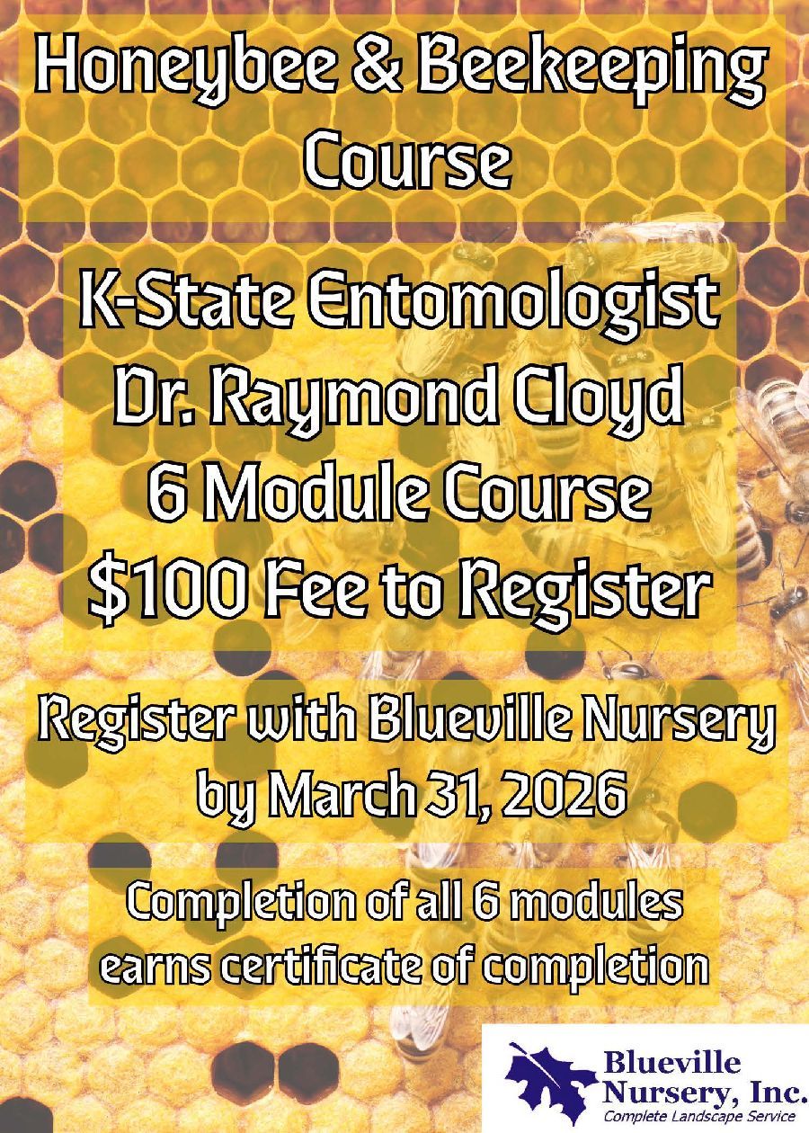 Poster for a honeybee & beekeeping course by Dr. Raymond Cloyd, $100 fee. Register with Blueville Nursery by March 31, 2026.