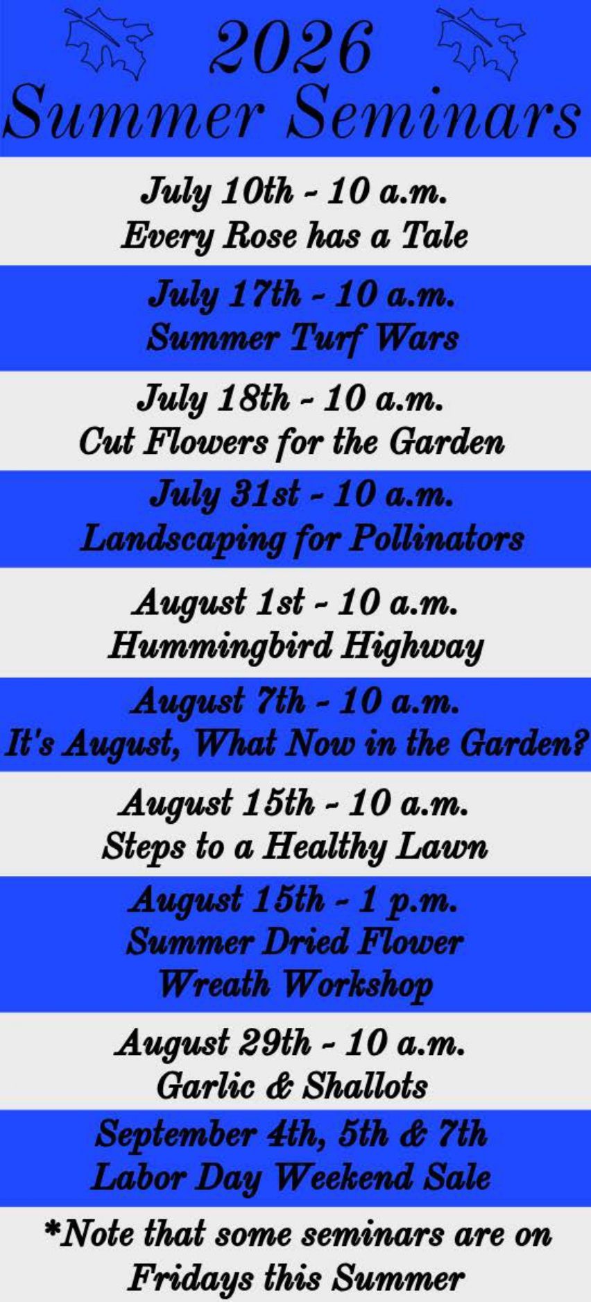 2026 Summer Event Card with dates, times, and topics for gardeners at the Freda Show Farm.