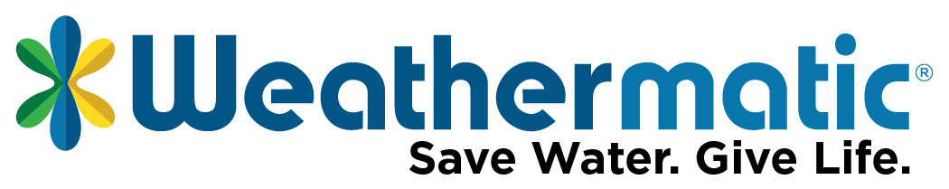 The weathermatic logo says save water give life.