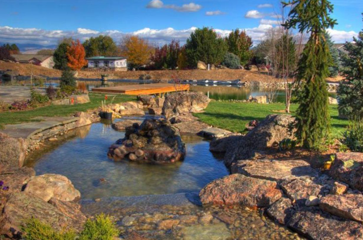 A scenic pond with rocky edges and clear water, surrounded by grass and autumn trees under a blue sky.