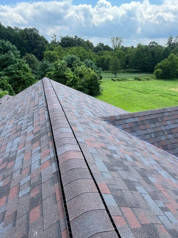 Shingled roof ridge overlooking a green field and trees under a cloudy sky