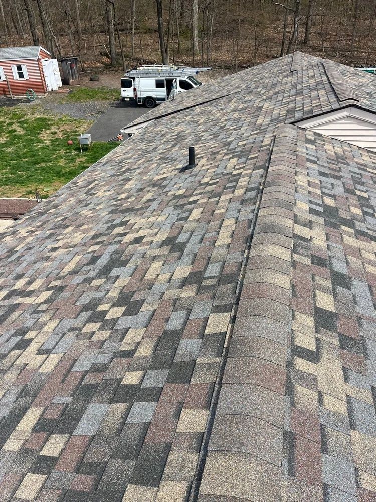 Shingled roof with a dark ridge vent, viewed from above over a wooded yard and parked van.