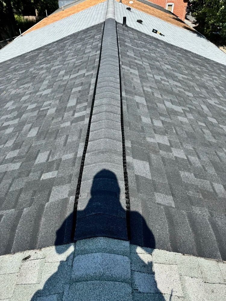 Dark gray shingle roof with a central seam and a person's shadow at the bottom center