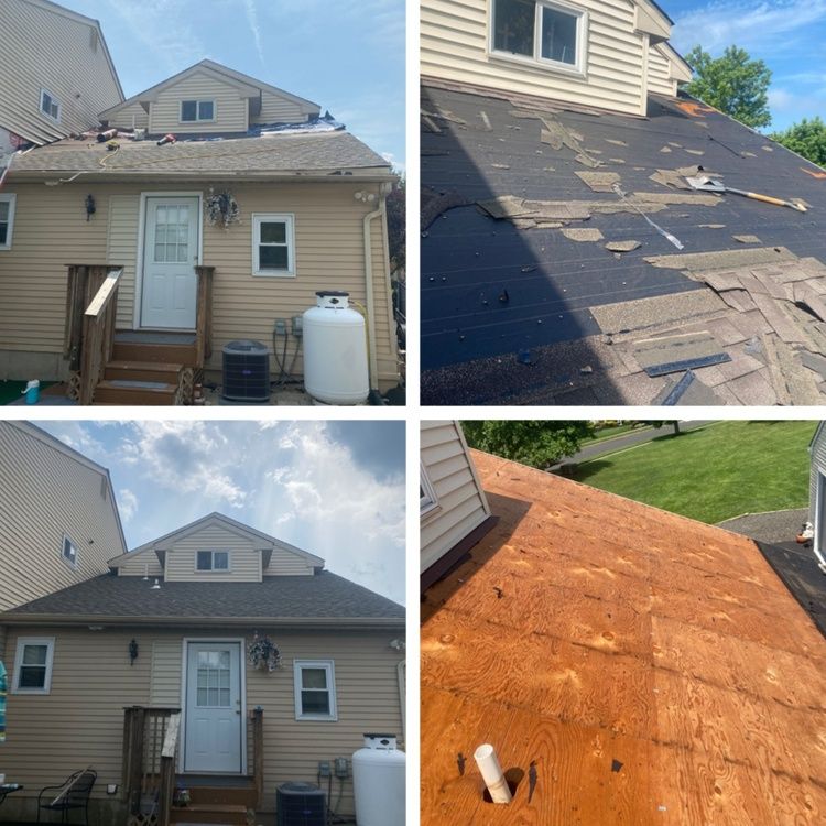 Back of beige house with roof damage and exposed underlayment, shown in four repair progress views