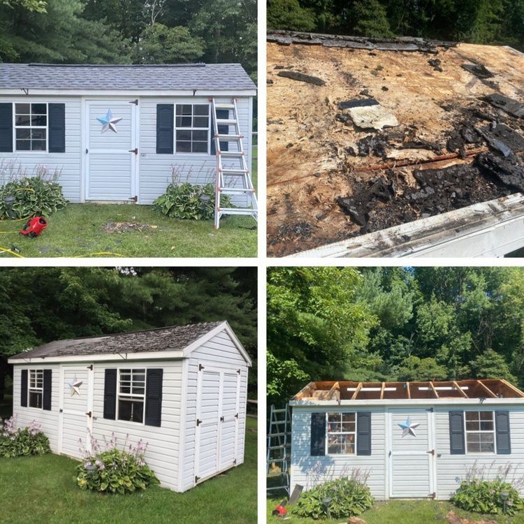 Four photos of a small white shed after storm damage, showing exterior and a roof with missing shingles and burn marks