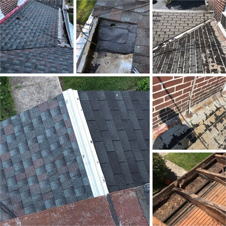 Collage of damaged and worn roof shingles, flashing, and roof sections with visible leaks and repairs
