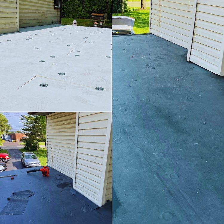 Porch being resurfaced with white and blue waterproof coating, shown in a 3-panel collage.
