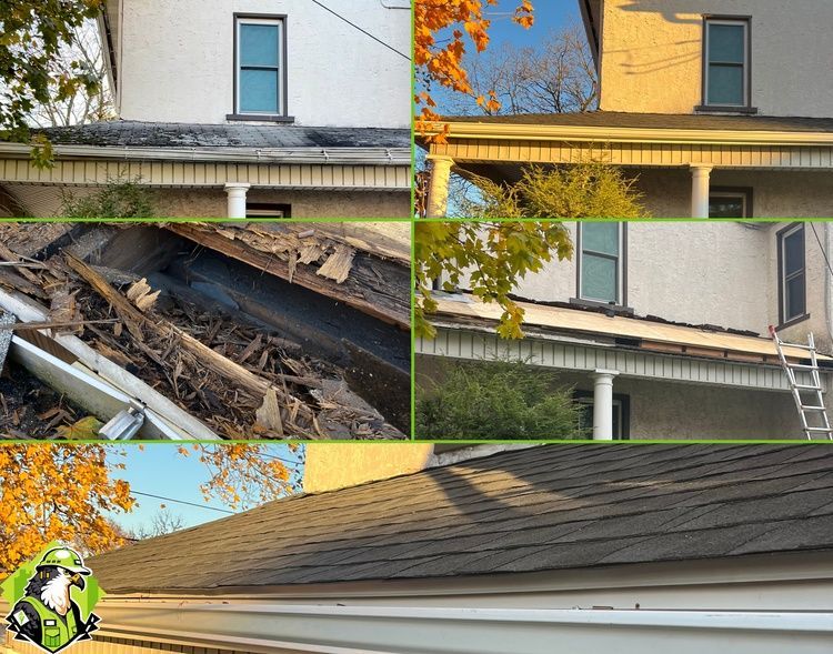 Roof repair collage showing damaged shingles, gutter issues, and a worker inspecting the roof edge