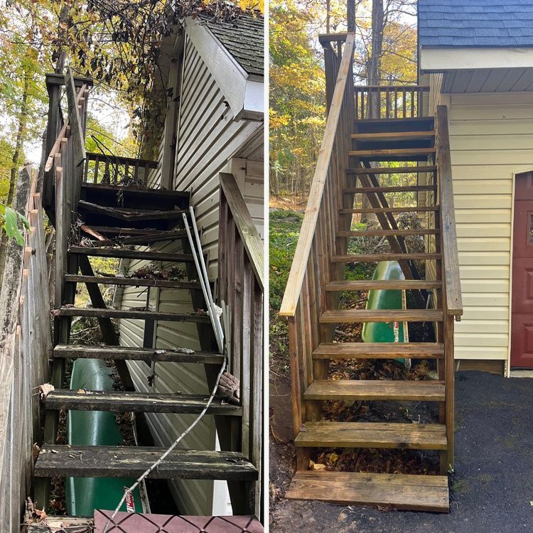 Before-and-after of a weathered outdoor staircase, showing repairs with a new wooden stair structure.
