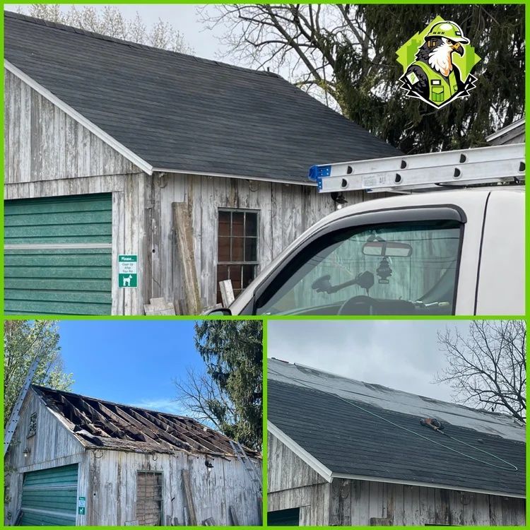 Damaged gray shed with roof fire damage beside a white truck and ladder; collage of exterior views