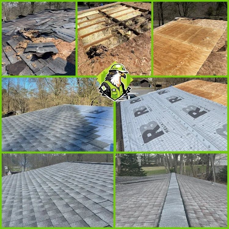 Roof repair collage showing damaged decking replaced with new shingles and underlayment on a wooded home roof