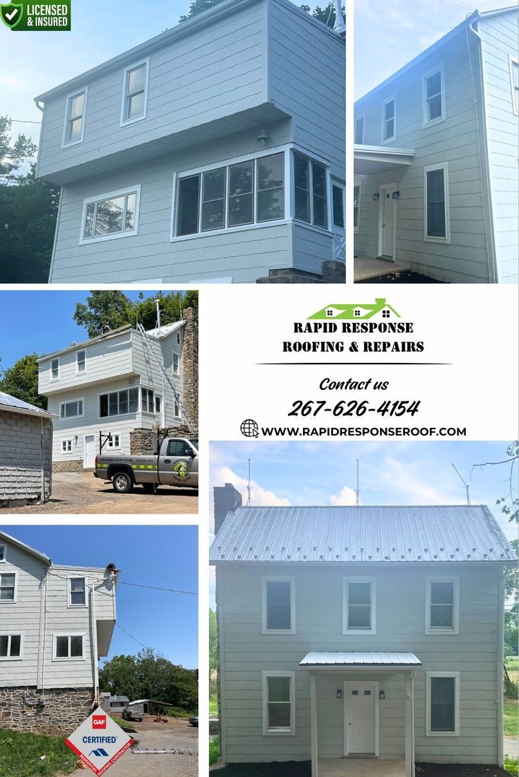 Collage of house exterior repairs with company logo, phone number, and before-and-after siding photos