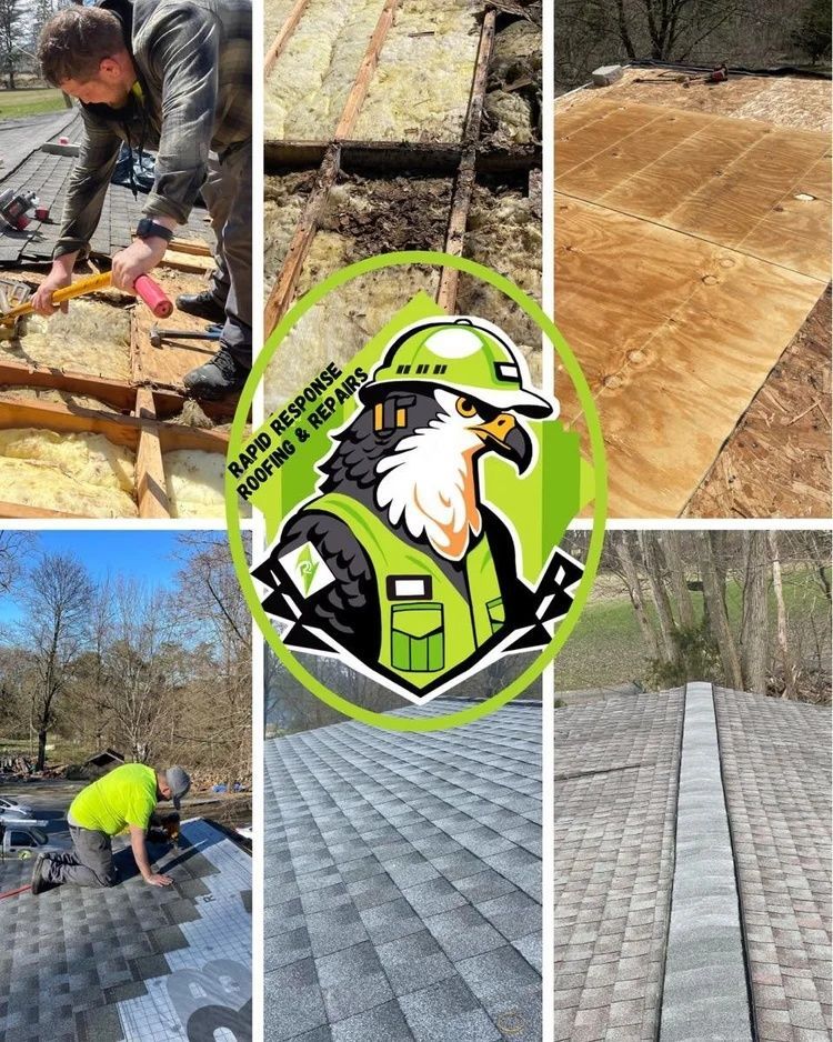 Roofing crew installing gray shingles on a roof, shown in a collage with a construction logo