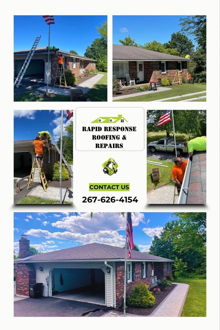 Landscaping business collage with a sign, front yards, lawn care equipment, and a house exterior