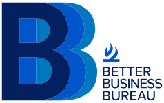 Blue Better Business Bureau logo with stylized B and torch icon