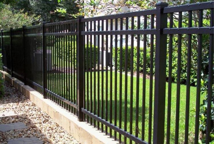 A black metal fence surrounds a lush green yard