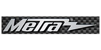 Metra logo on a checkered black background with a silver lightning bolt.