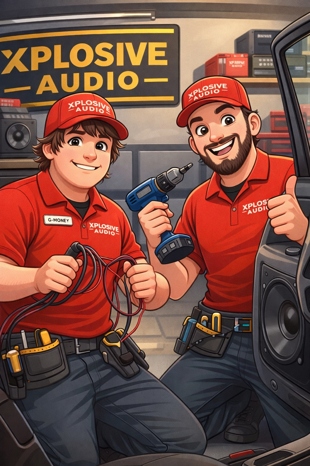 Two men in red shirts and caps are working on car audio. One holds a drill, the other wires. Xplosive Audio sign visible.