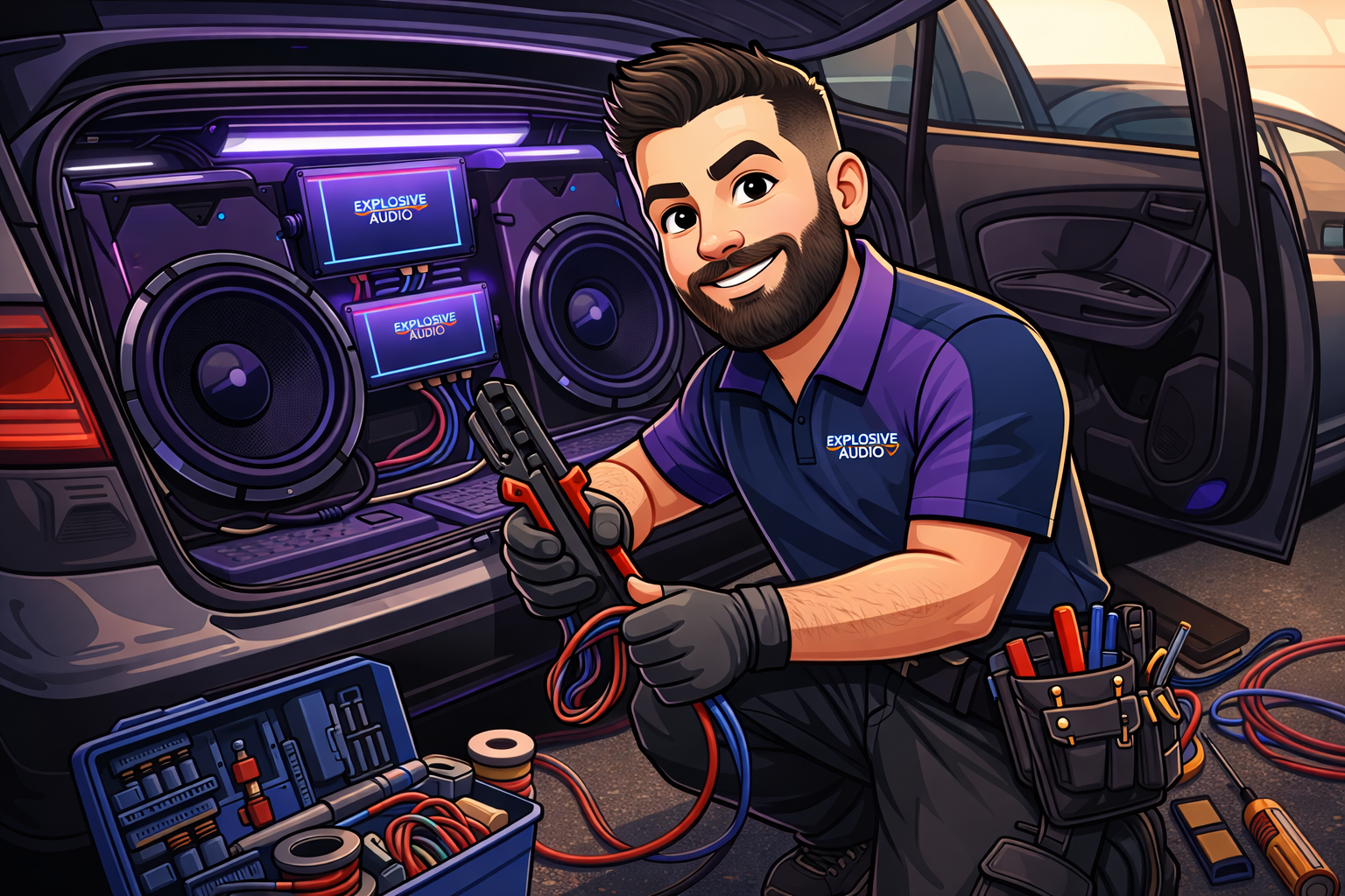 Man installing car audio system, trunk open, holding wire cutters, tools visible, smiling.