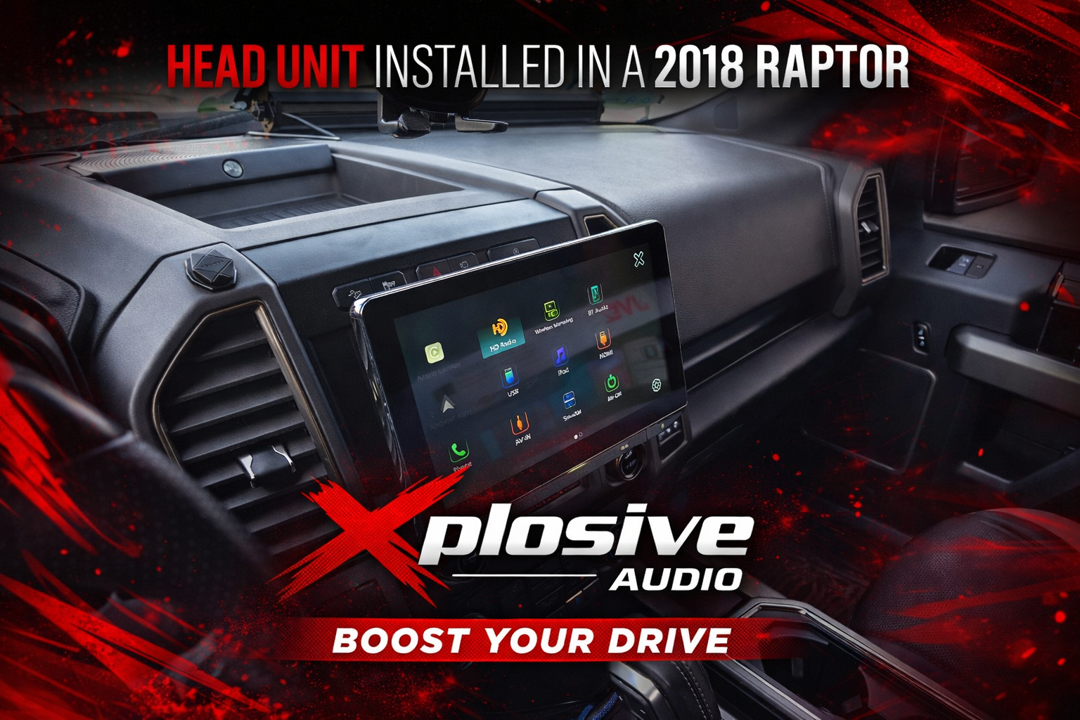 Black interior of a 2018 Raptor with a new Xplosive Audio head unit installed.