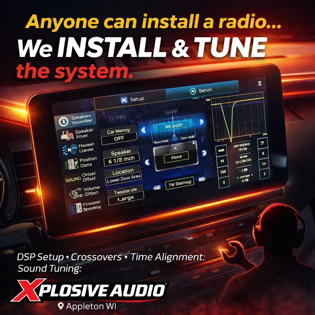 Advertisement: car audio shop installs and tunes audio systems. Includes a display screen, a person with headphones.