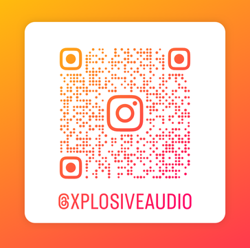 Instagram QR code for @XPlosiveAudio on a white card with orange-pink gradient background