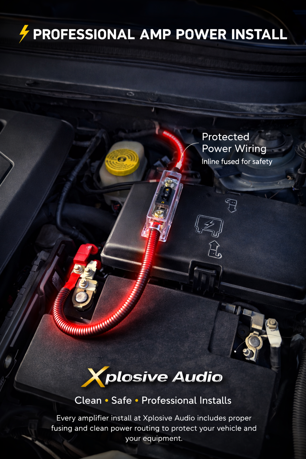 A high-angle view of a red amplifier power cable installed on a car battery with an inline fuse, by Xplosive Audio.