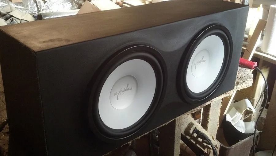 Black subwoofer box with two white speakers.