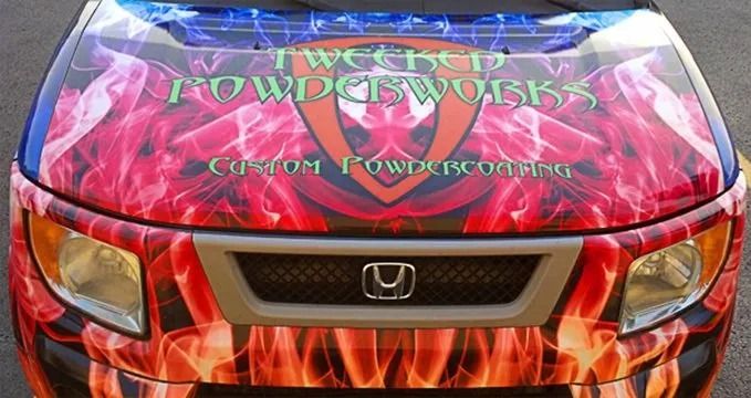 Honda Element with custom hood wrap featuring 