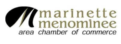 Logo for the Marinette Menominee Area Chamber of Commerce. Features black and white abstract design, green text.