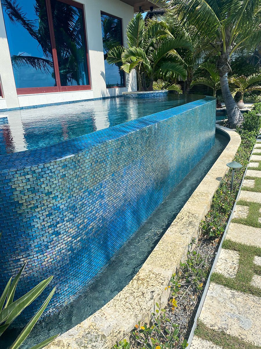 A large swimming pool surrounded by palm trees and a house.